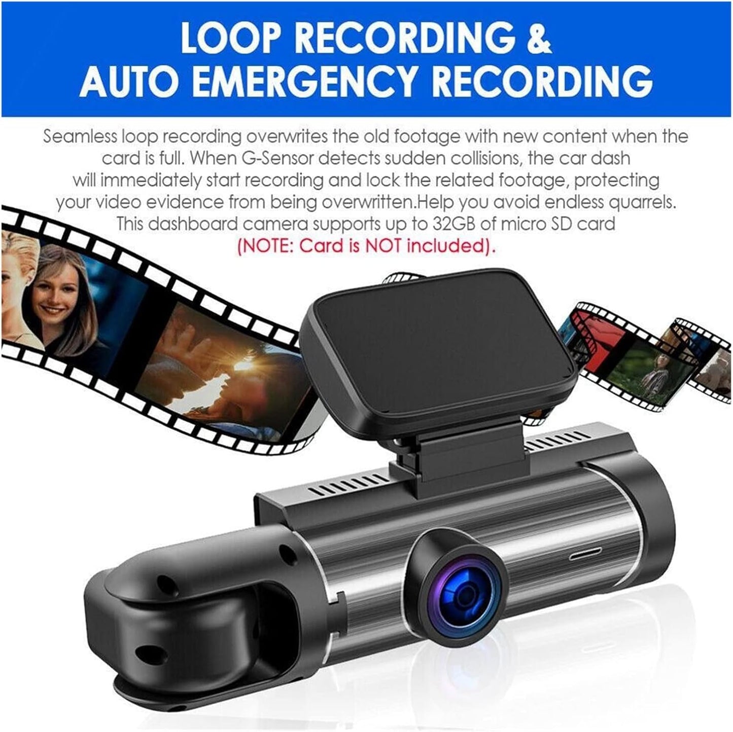 Dash Cam 3.16-inch Dual-Lens Driving Recorder Front Inside Camera